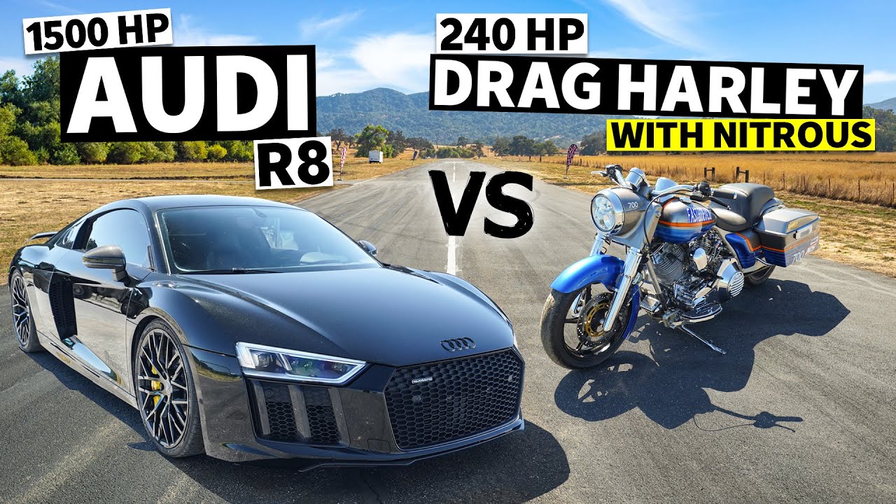 1500hp Audi R8 Races 240hp Harley Drag Bike… With Nitrous! // THIS Vs THAT